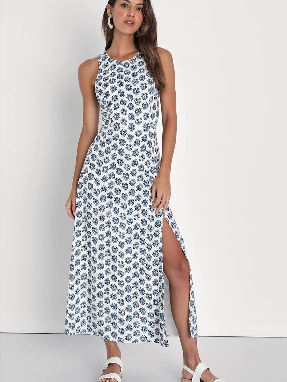 Lulu's White Maxi Dress with Blue Floral Print and Side Slit